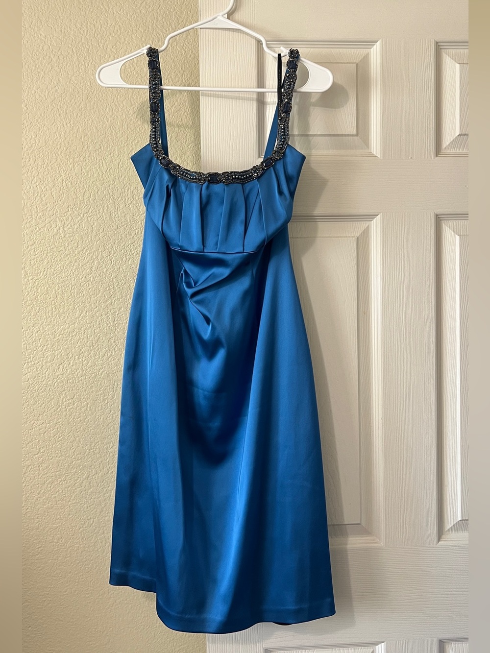 David Meister Satin Midi Dress with Beaded Straps in Blue